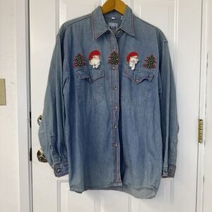 VTG 90's Short Circuit Blues Denim Chambray Christmas Shirt‎ Size M Button up